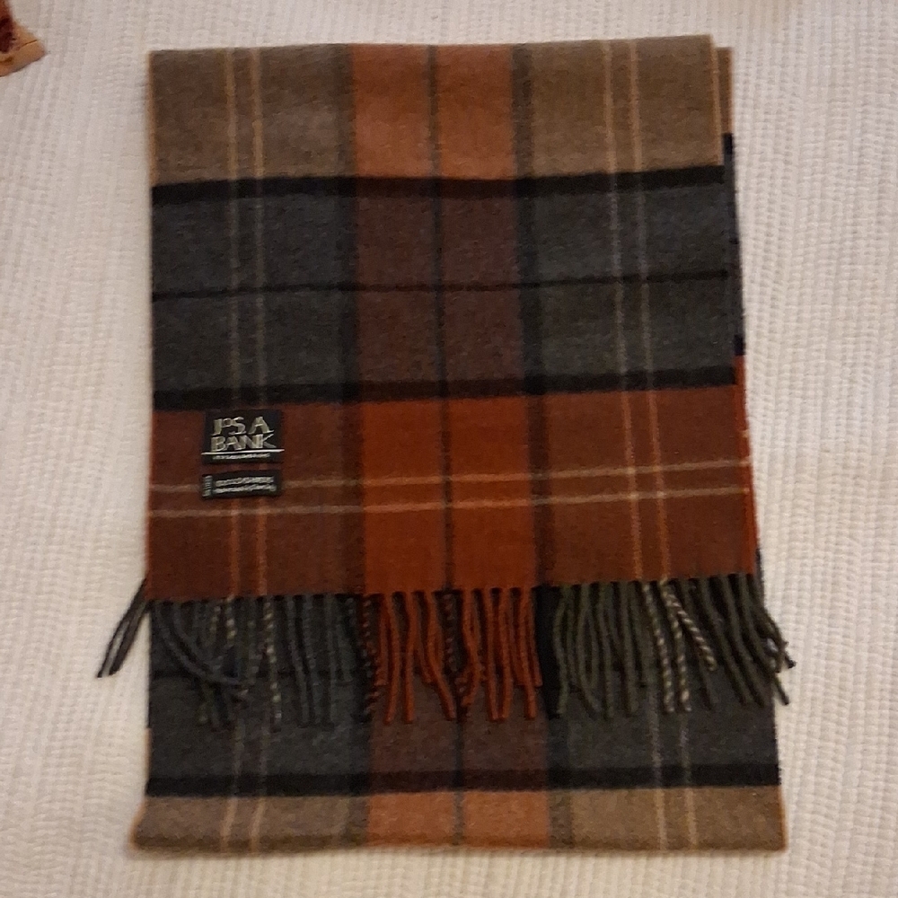Jos. A. Bank Plaid Cashmere Scarf Warm Brown, Orange and Gray 12"x56" & fringes